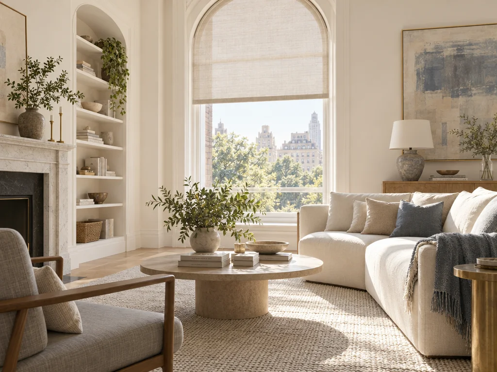 Living room with soft light through custom shades